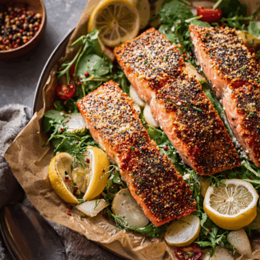 Crispy Everything Bagel Salmon with Herbed Cream Cheese Dressing and Fresh Salad