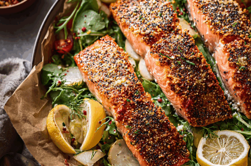 Crispy Everything Bagel Salmon with Herbed Cream Cheese Dressing and Fresh Salad