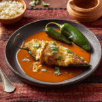 Golden Fried Poblano Peppers Stuffed with Cheese and Salsa Roja