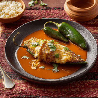 Golden Fried Poblano Peppers Stuffed with Cheese and Salsa Roja