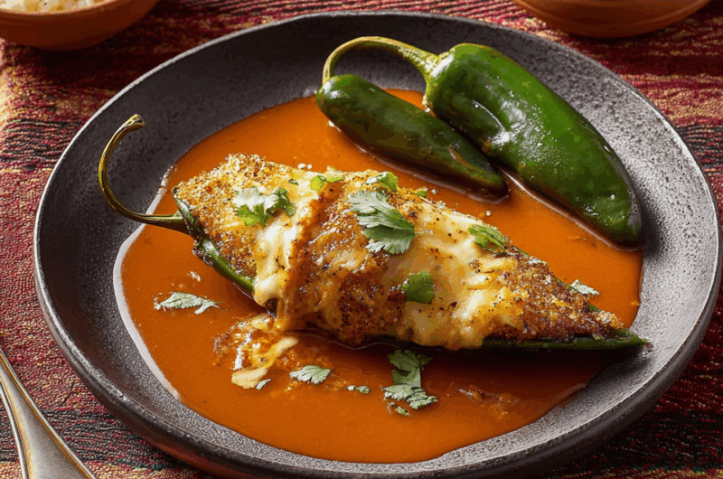 Golden Fried Poblano Peppers Stuffed with Cheese and Salsa Roja