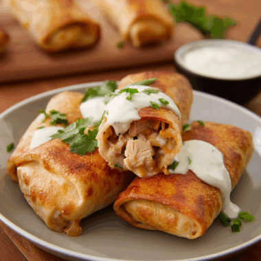 Crispy Chicken Chimichangas with Creamy Green Chile Sauce
