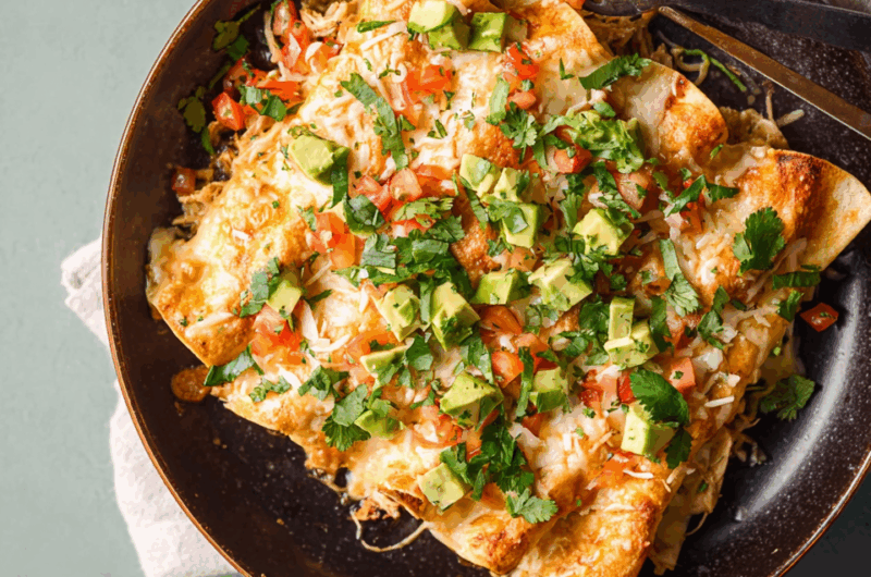 Cheesy Rotisserie Chicken Enchiladas with Green Chile Sauce