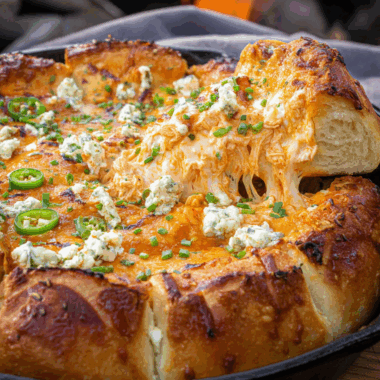 Cheesy Buffalo Chicken Dip in a Pizza Crust Bowl