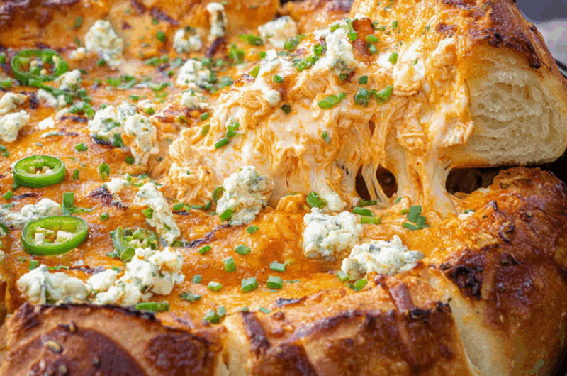 Cheesy Buffalo Chicken Dip in a Pizza Crust Bowl