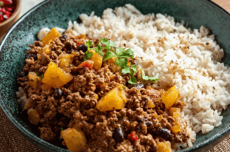 Traditional Mexican Picadillo with Potatoes and Spiced Tomato Sauce