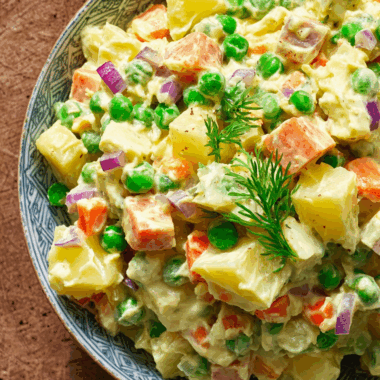 Creamy Russian Potato Salad with Vegan Sausage and Pickles