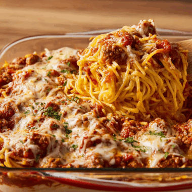 Layered Cheesy Baked Spaghetti Casserole
