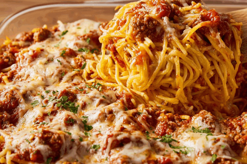 Layered Cheesy Baked Spaghetti Casserole