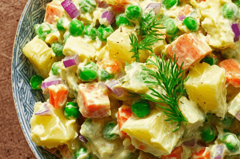 Creamy Russian Potato Salad with Vegan Sausage and Pickles