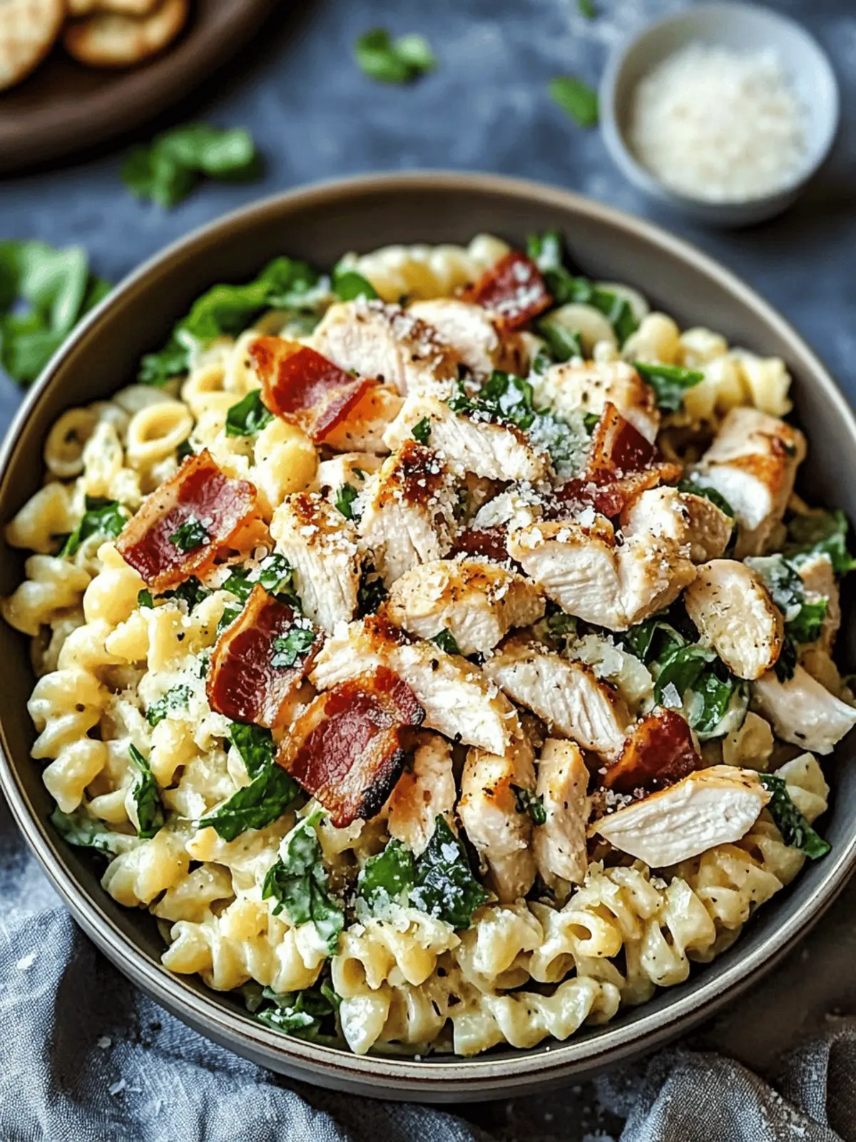 Creamy Chicken Caesar Pasta Salad with Crispy Bacon