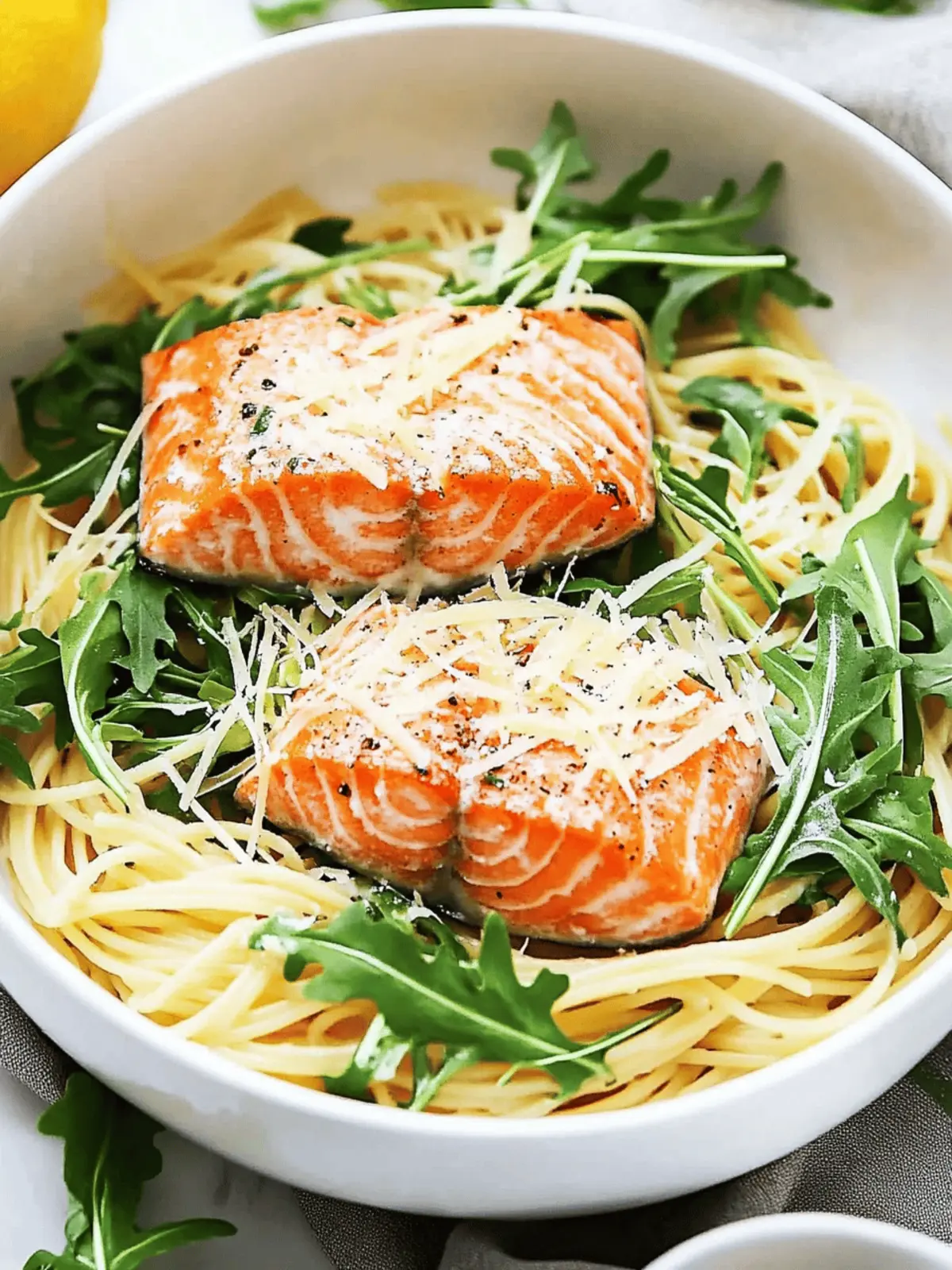 Creamy Lemon Parmesan Angel Hair with Salmon and Arugula