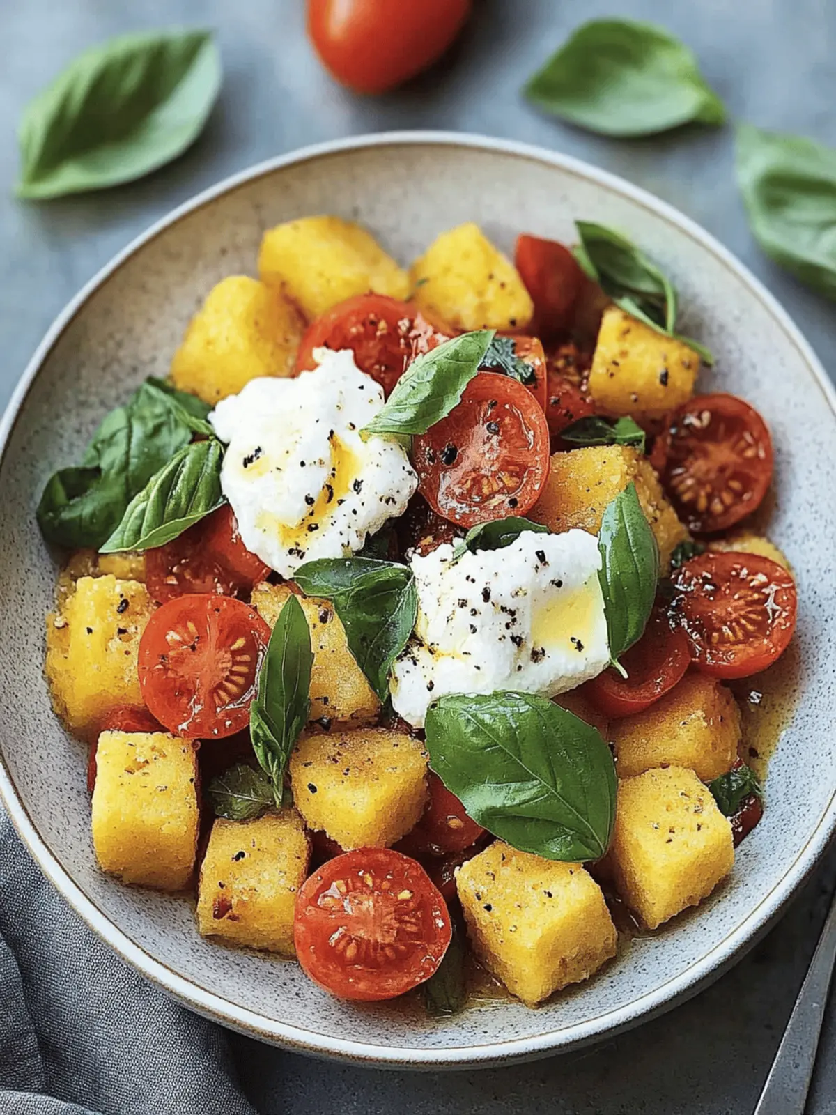 Fried Polenta Panzanella with Tomato, Basil, and Burrata