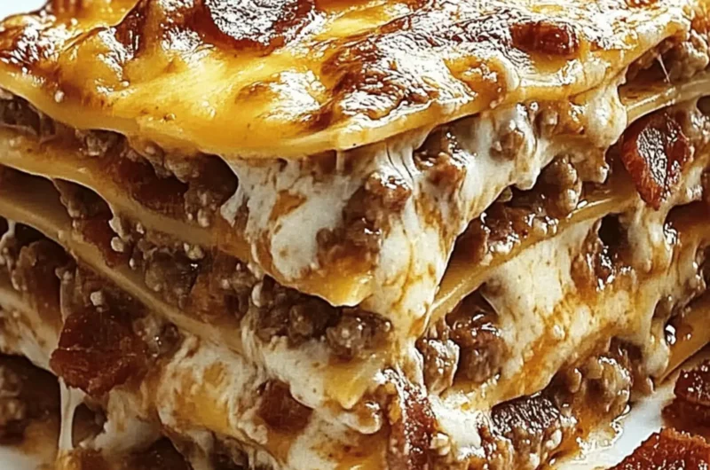 Hearty Cheeseburger-Style Lasagna with Bacon & Creamy Garlic Parmesan Sauce