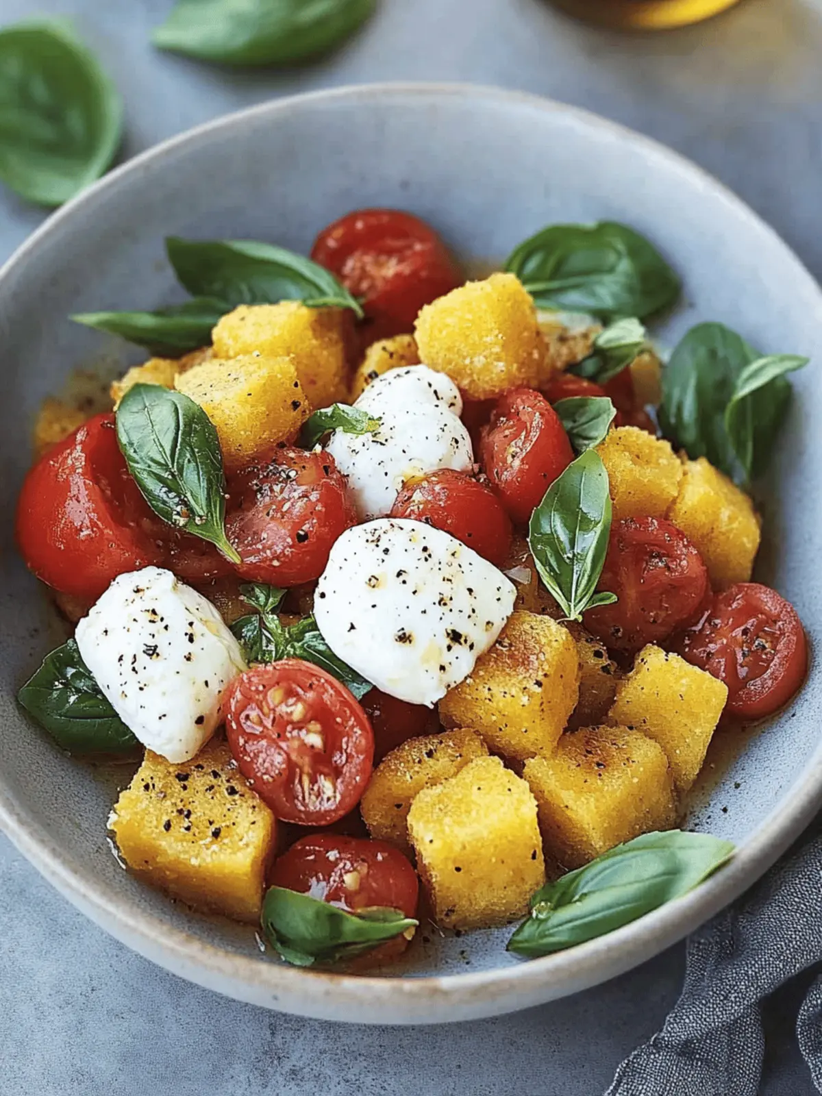 Fried Polenta Panzanella with Tomato, Basil, and Burrata