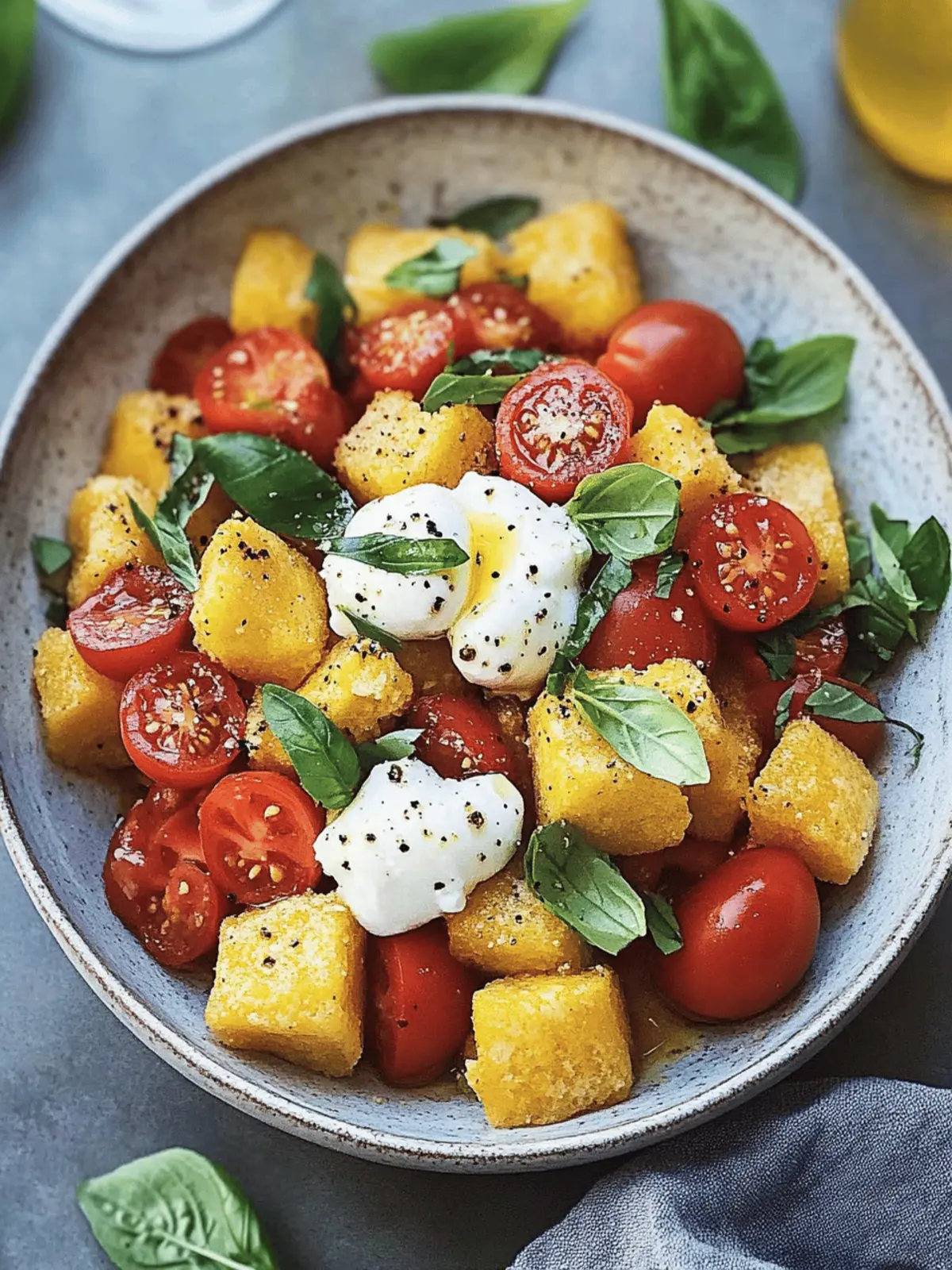 Fried Polenta Panzanella with Tomato, Basil, and Burrata