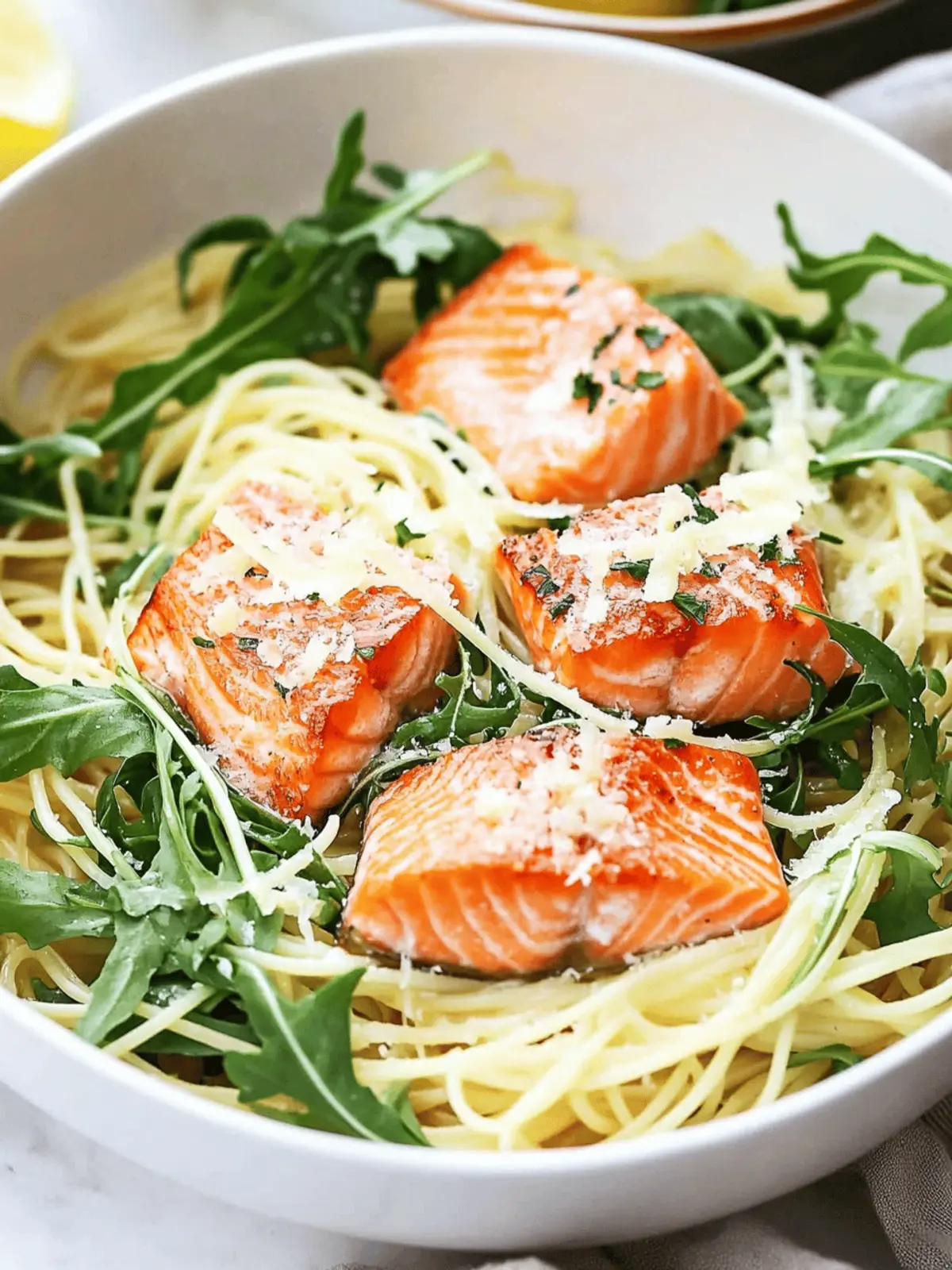 Creamy Lemon Parmesan Angel Hair with Salmon and Arugula