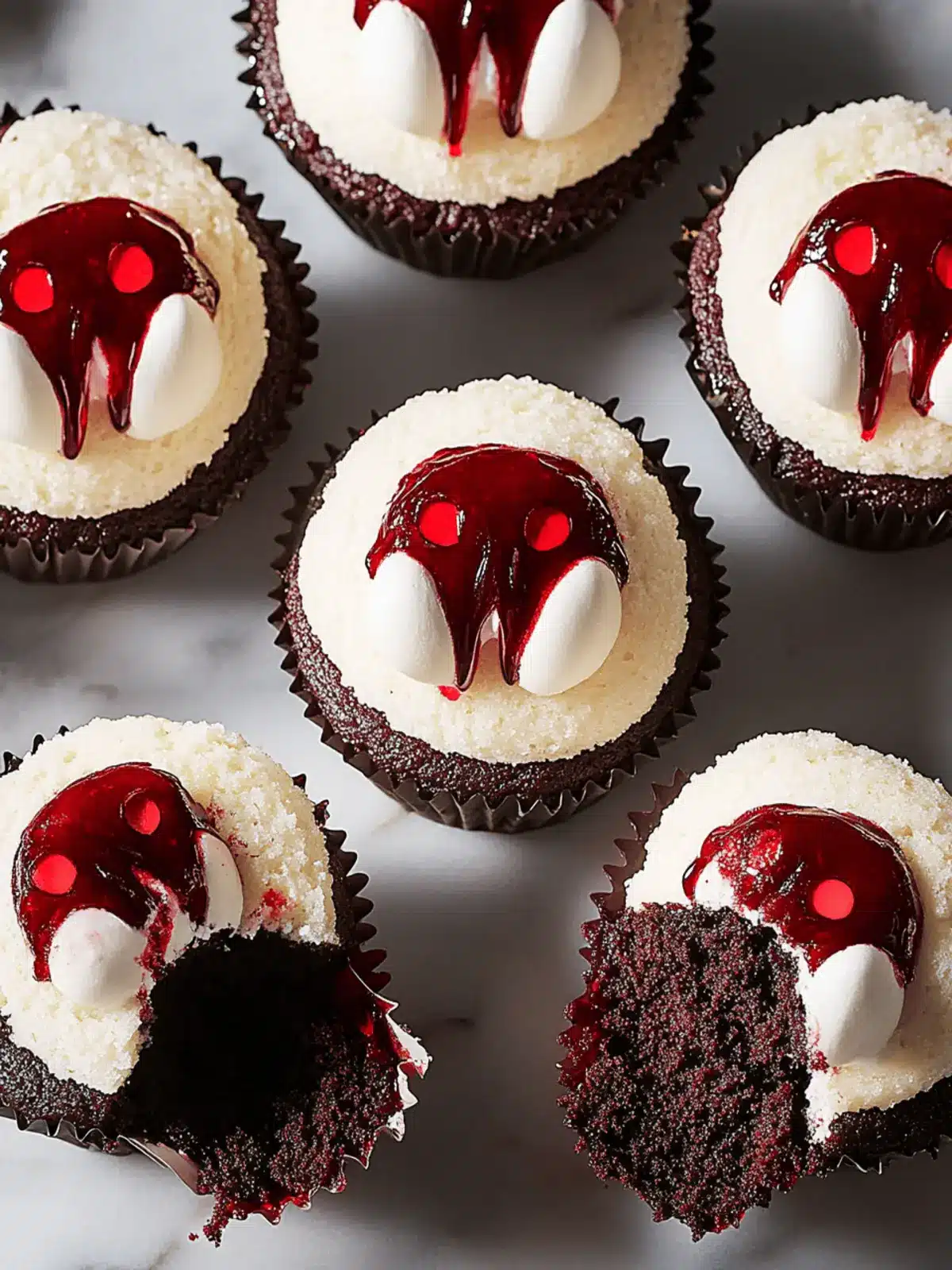 Ghoulishly Good Vampire Cupcakes with Strawberry Blood Surprise 3 Vampire Cupcakes