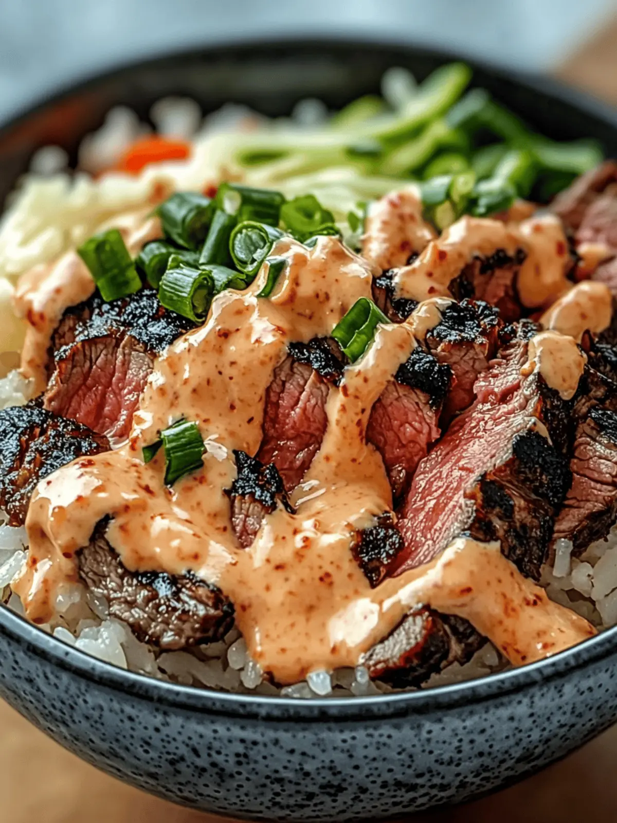 Korean BBQ Steak Rice Bowls with Spicy Cream Sauce