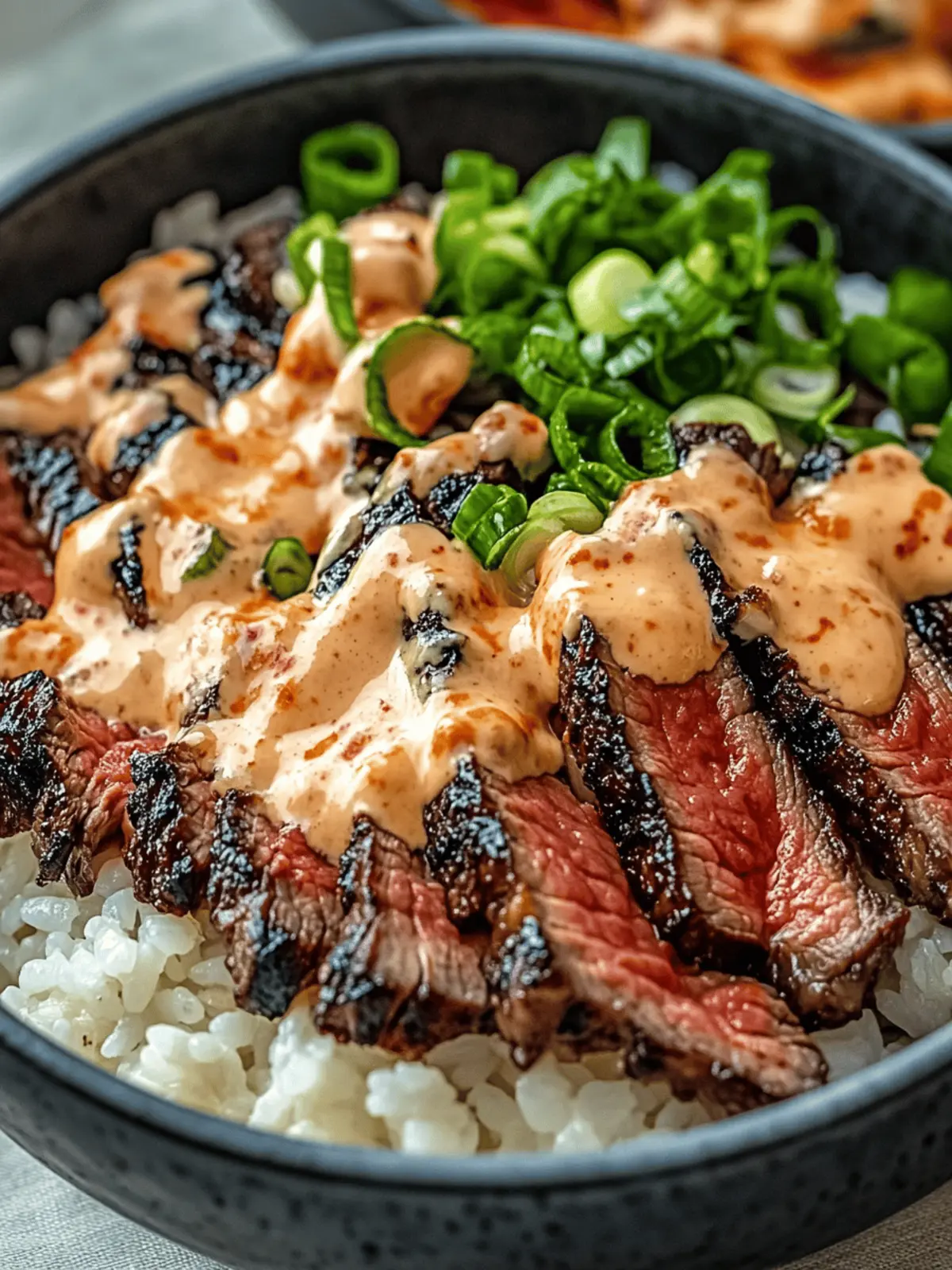 Korean BBQ Steak Rice Bowls with Spicy Cream Sauce