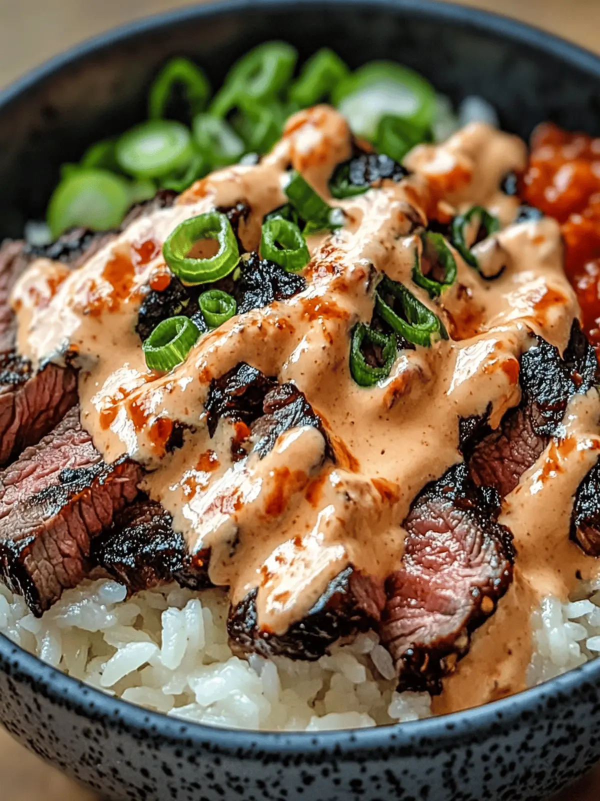 Korean BBQ Steak Rice Bowls with Spicy Cream Sauce