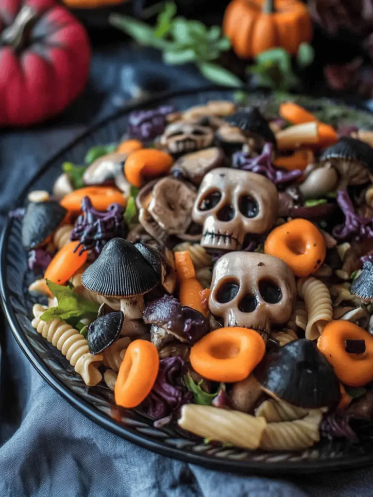 Halloween Pasta Salad with Spooky Mushroom Skulls Delight 3 Halloween Pasta Salad with Spooky Mushroom Skulls