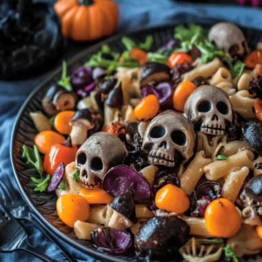 Halloween Pasta Salad with Spooky Mushroom Skulls