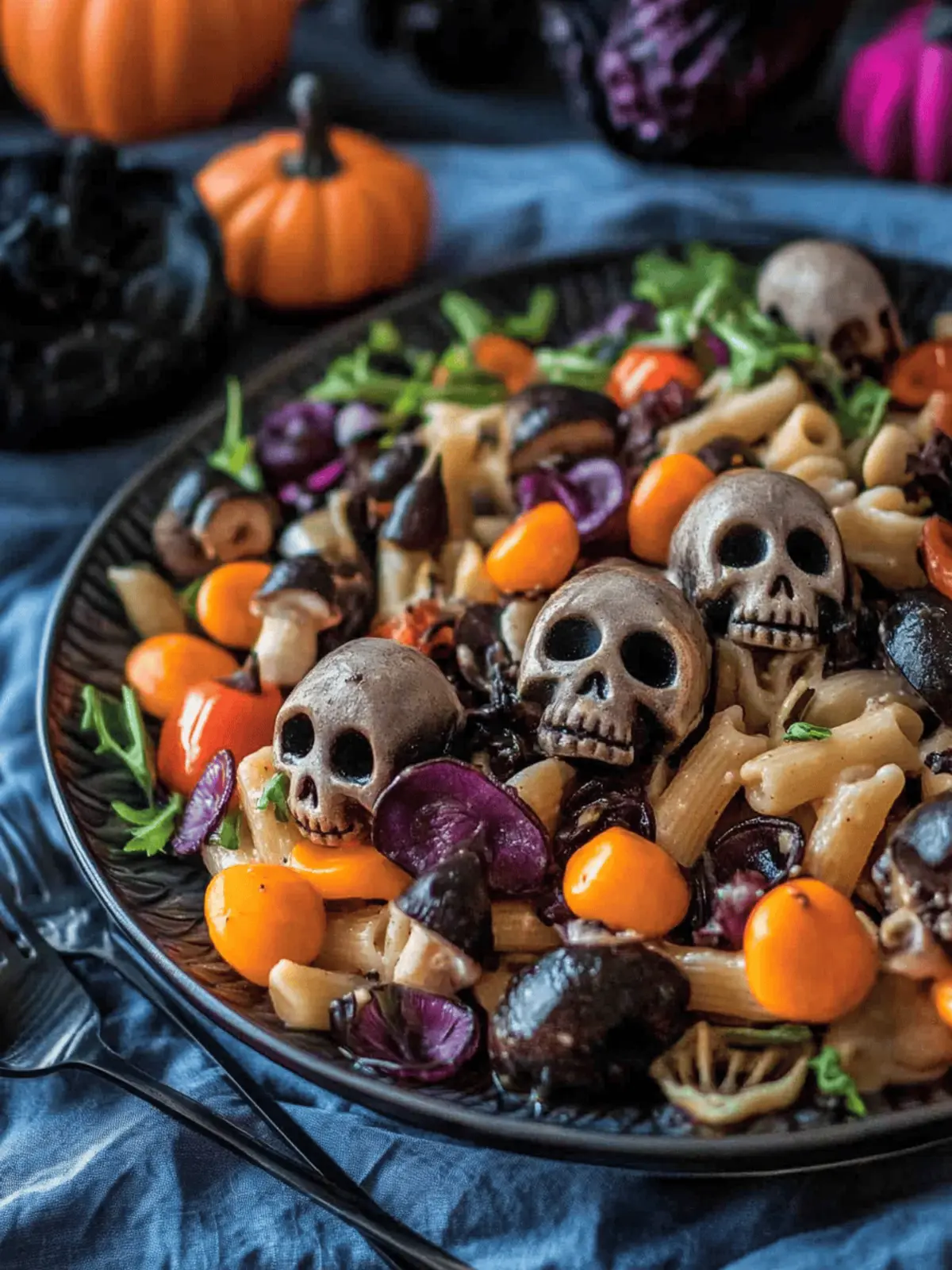 Halloween Pasta Salad with Spooky Mushroom Skulls