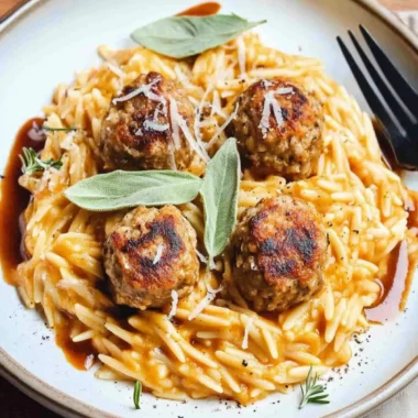 Cheesy Pumpkin Orzo with Turkey Meatballs