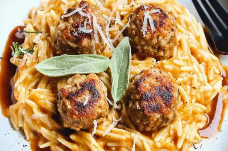 Cheesy Pumpkin Orzo with Turkey Meatballs