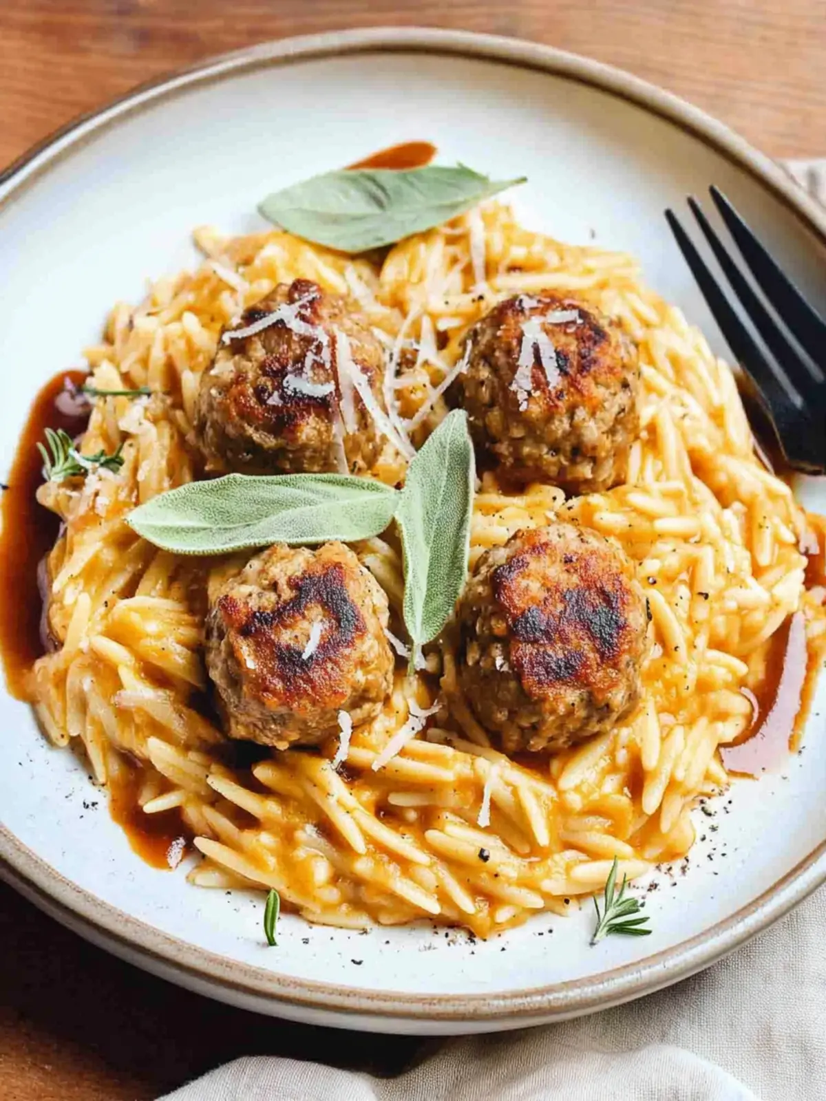 Cheesy Pumpkin Orzo with Turkey Meatballs