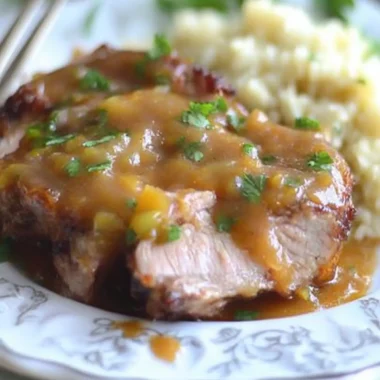 Slow Cooked Peach Barbecue Smothered Pork Chops