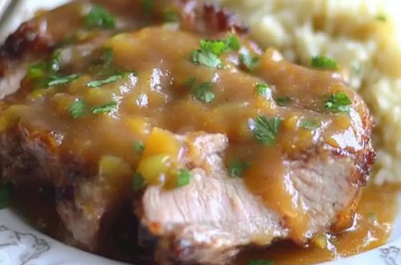 Slow Cooked Peach Barbecue Smothered Pork Chops