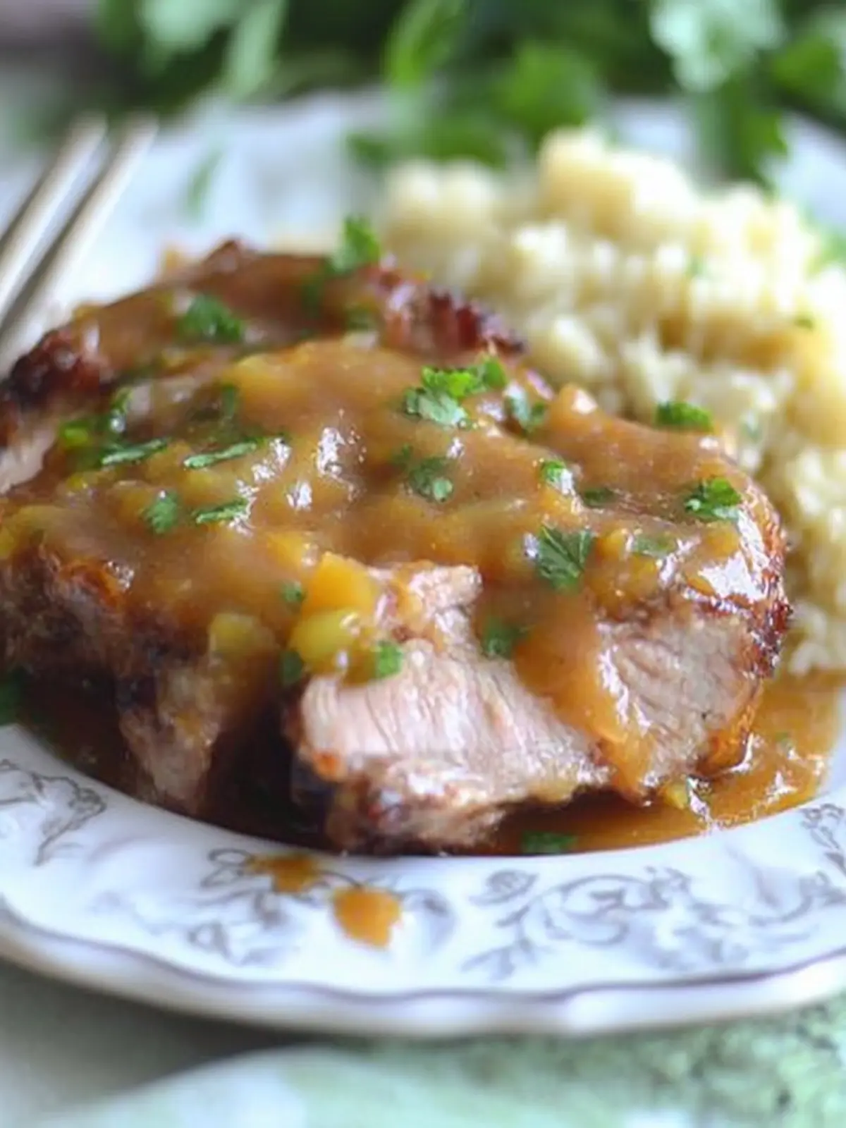 Slow Cooked Peach Barbecue Smothered Pork Chops