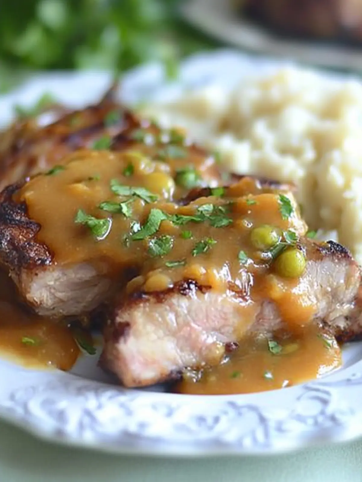 Slow Cooked Peach Barbecue Smothered Pork Chops