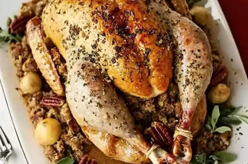 Roast turkey with pecan, sausage & chestnut stuffing & roast shallots