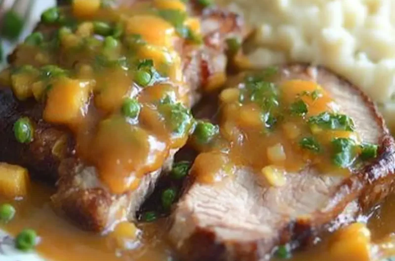 Slow Cooked Peach Barbecue Smothered Pork Chops