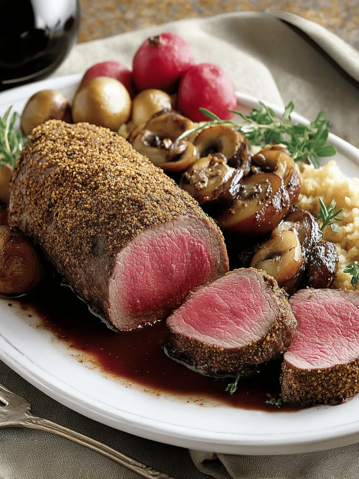 Porcini-Dusted Tenderloin with Wine Sauce