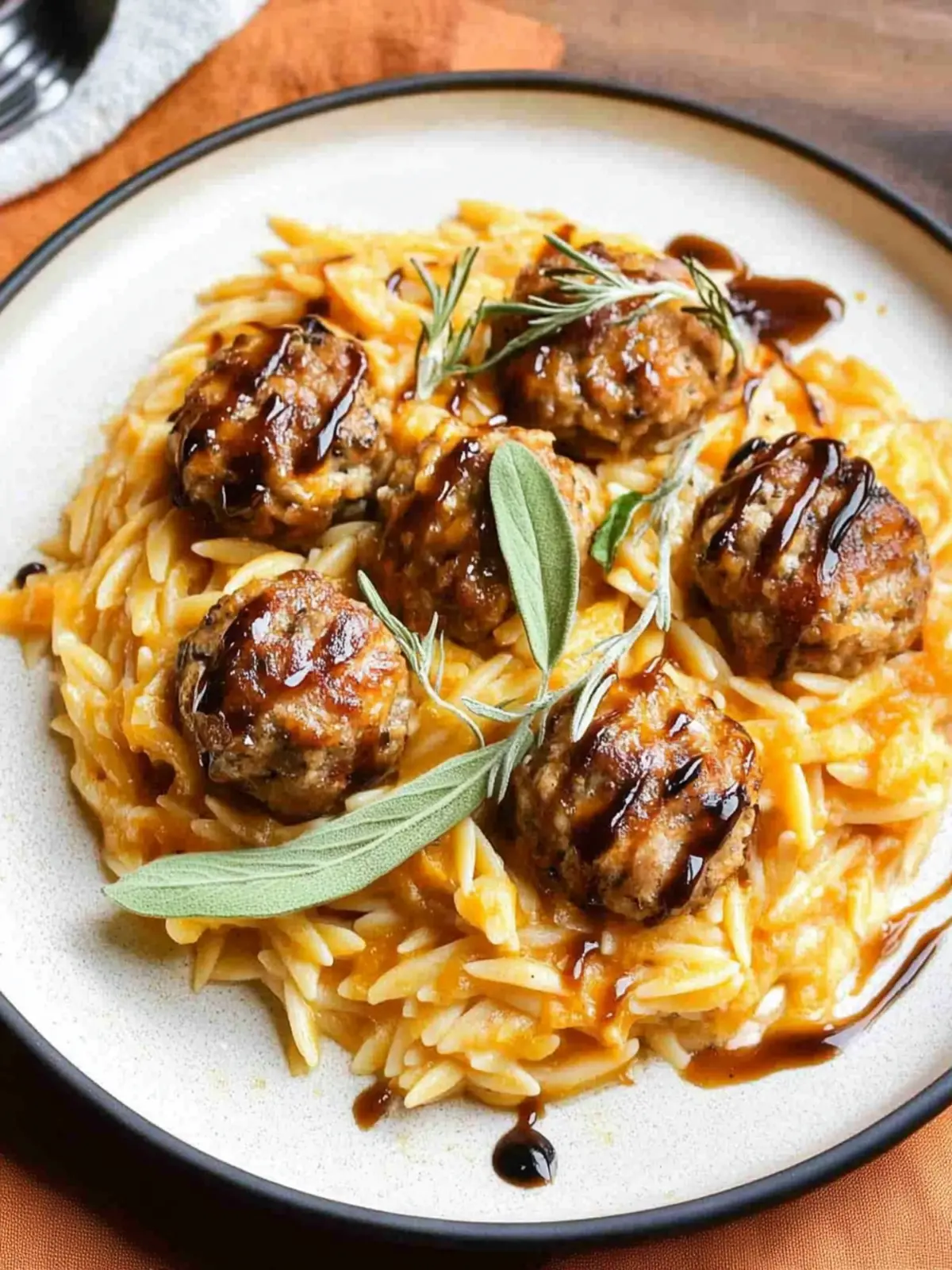 Cheesy Pumpkin Orzo with Turkey Meatballs