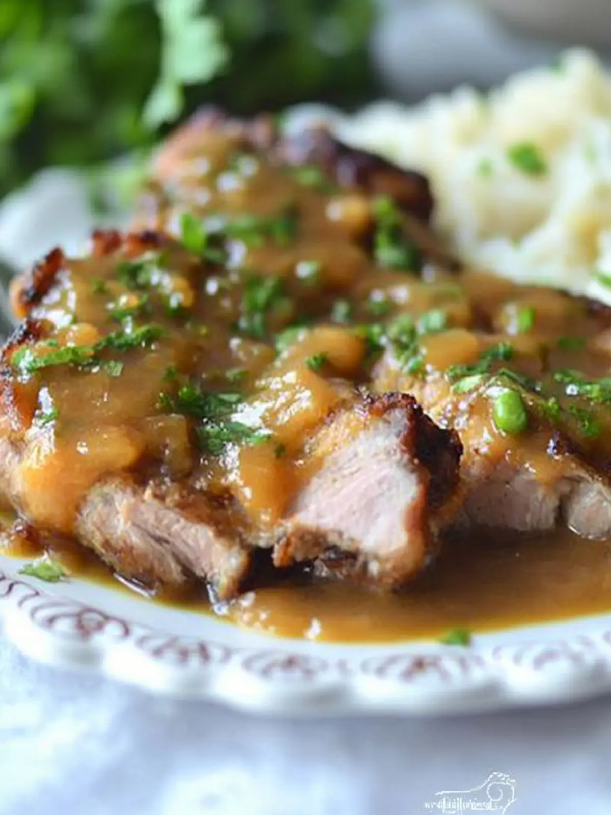 Slow Cooked Peach Barbecue Smothered Pork Chops
