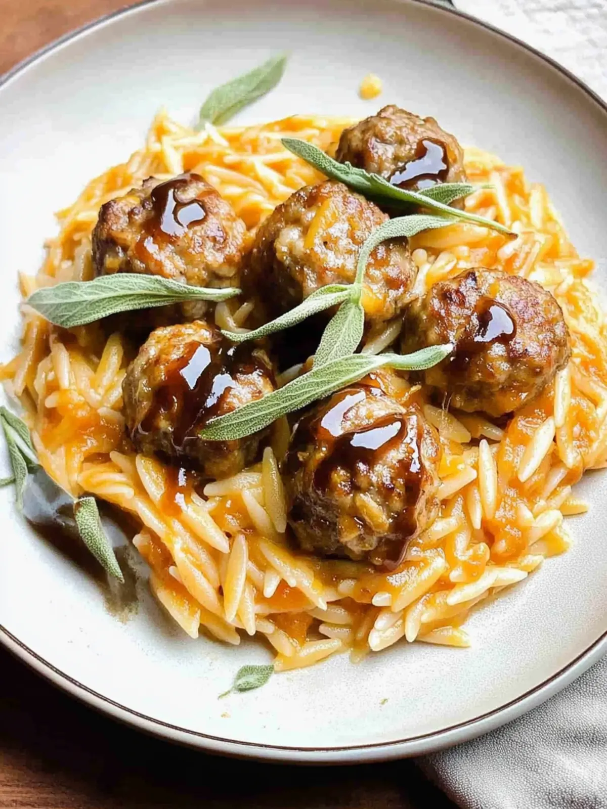 Cheesy Pumpkin Orzo with Turkey Meatballs