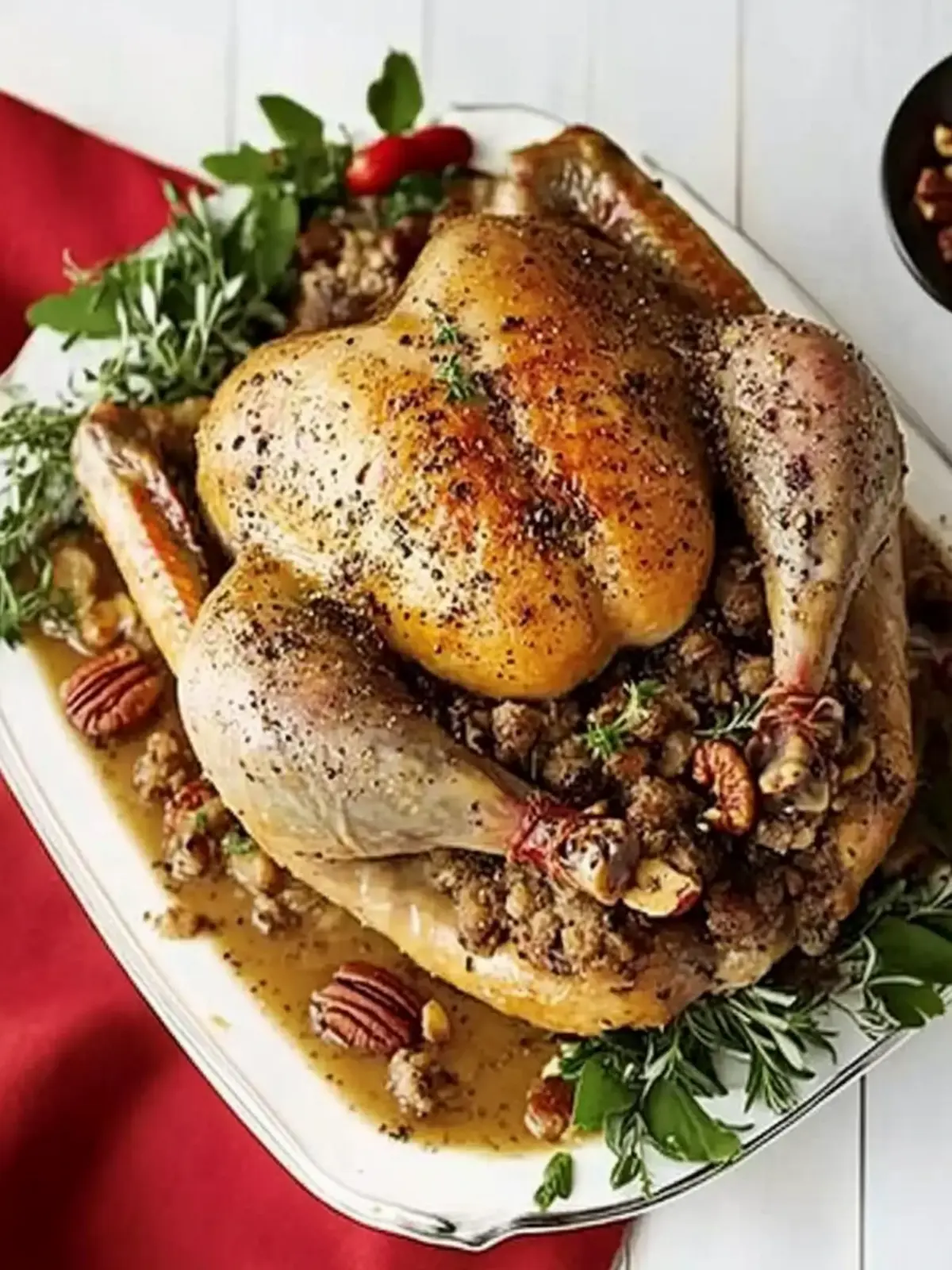 Mouthwatering Roast Turkey with Pecan, Sausage & Chestnut Stuffing 4 Roast turkey with pecan, sausage & chestnut stuffing & roast shallots