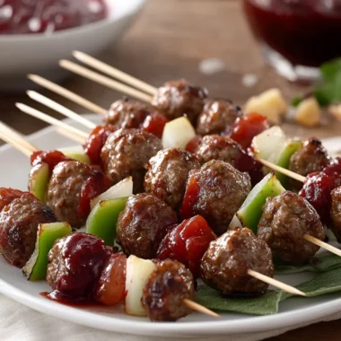 Holiday Mini Beef Meatball Skewers with Cranberry Barbecue Sauce