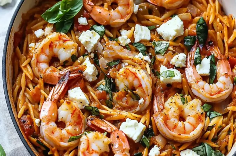 One Pot Harissa Shrimp and Feta Orzo