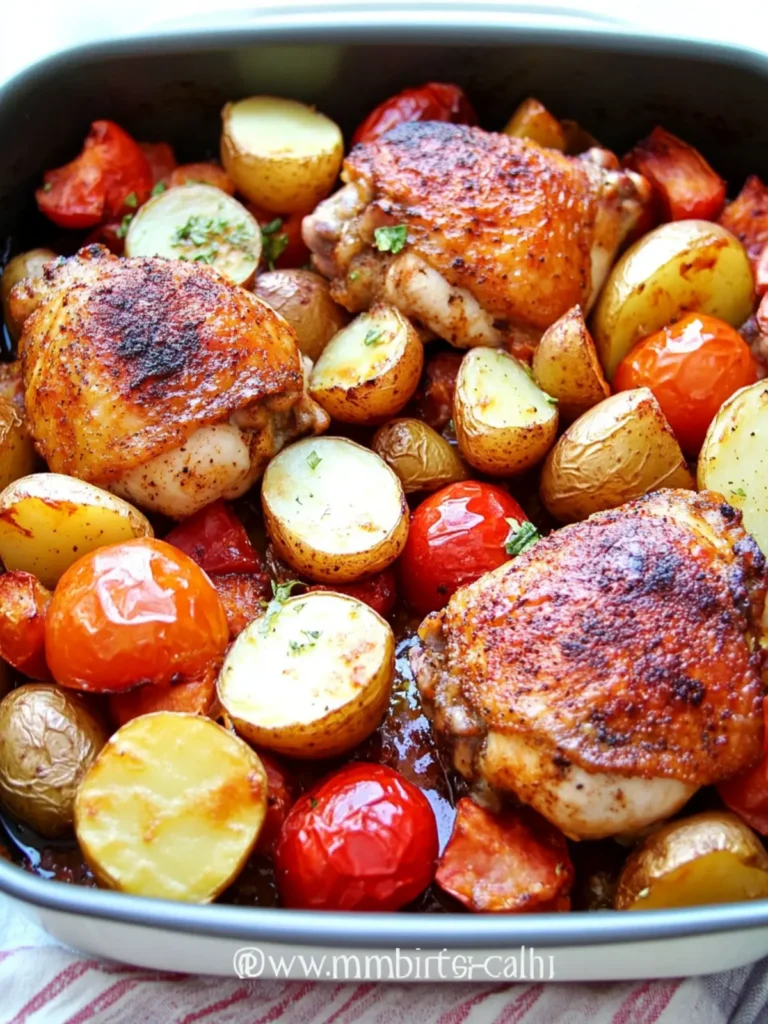 Healthy One Pan Baked Paprika Chicken Thighs with Potatoes and Tomatoes