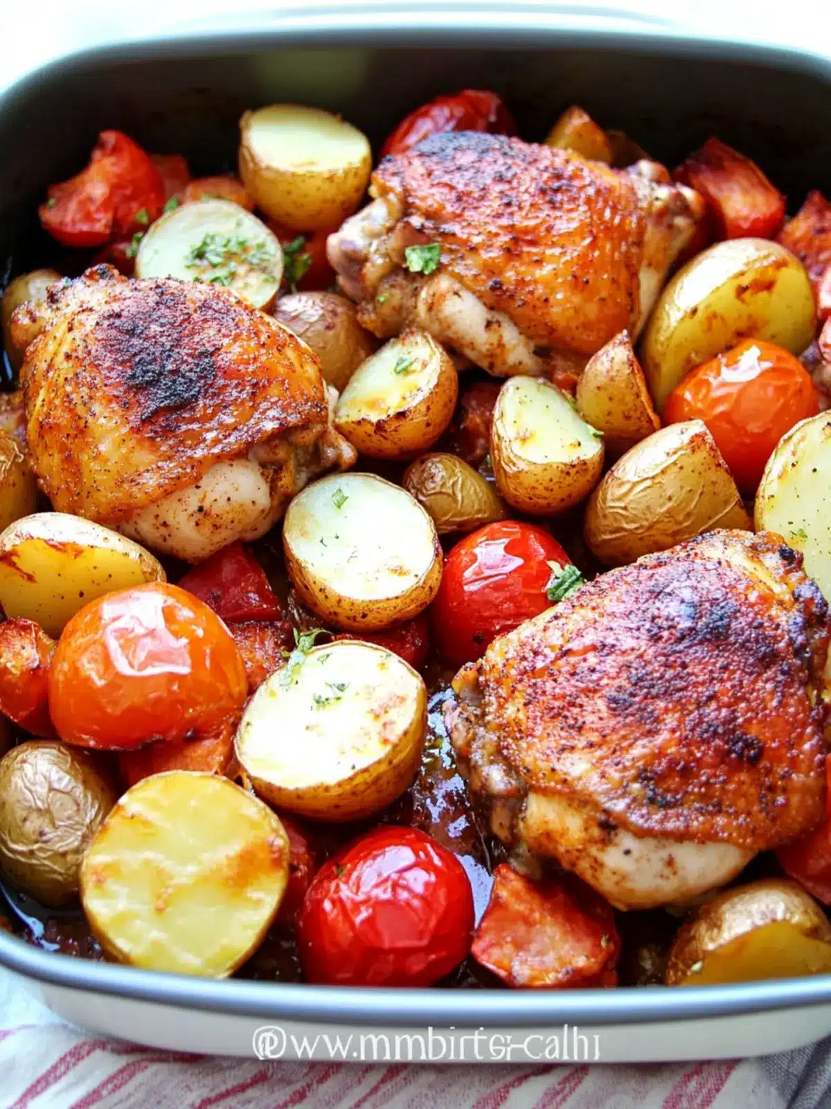 Healthy One Pan Baked Paprika Chicken Thighs with Potatoes and Tomatoes