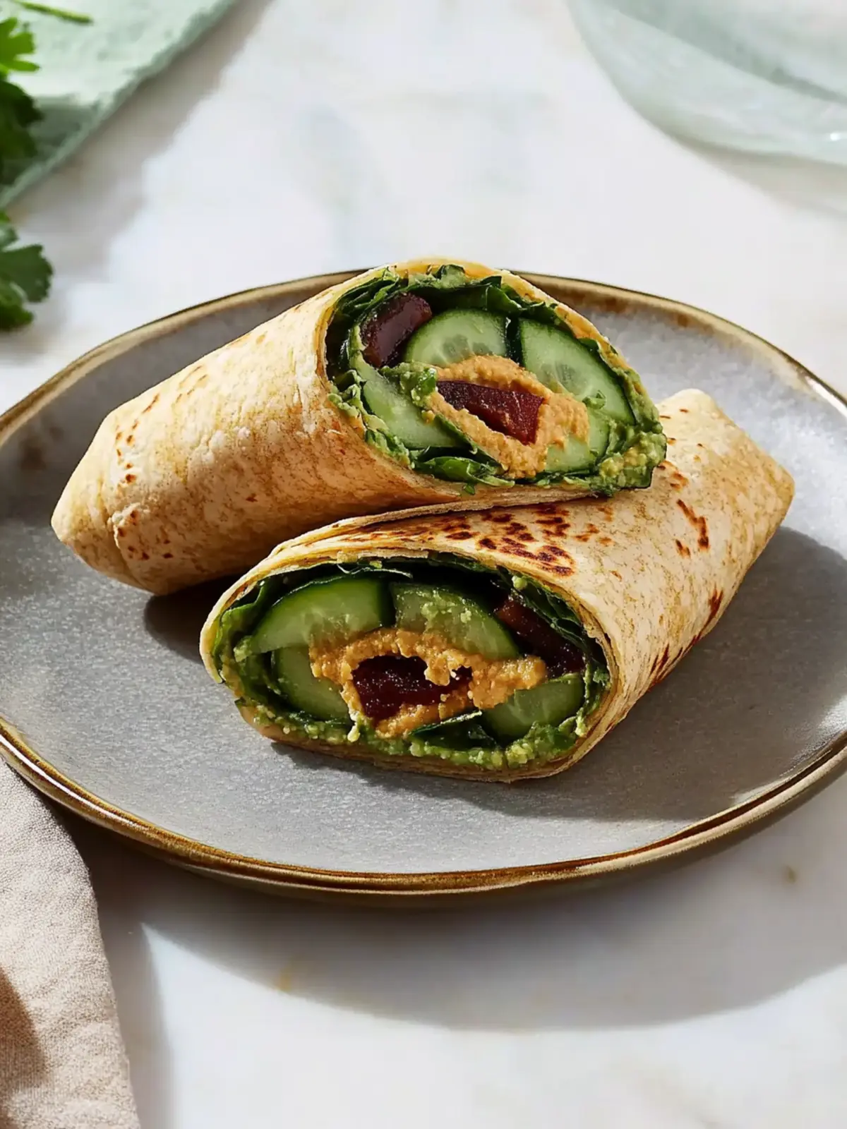 Crispy Cucumber & Roasted Red Pepper Hummus Wrap Delight 3 Cucumber & Roasted Red Pepper Hummus Wrap