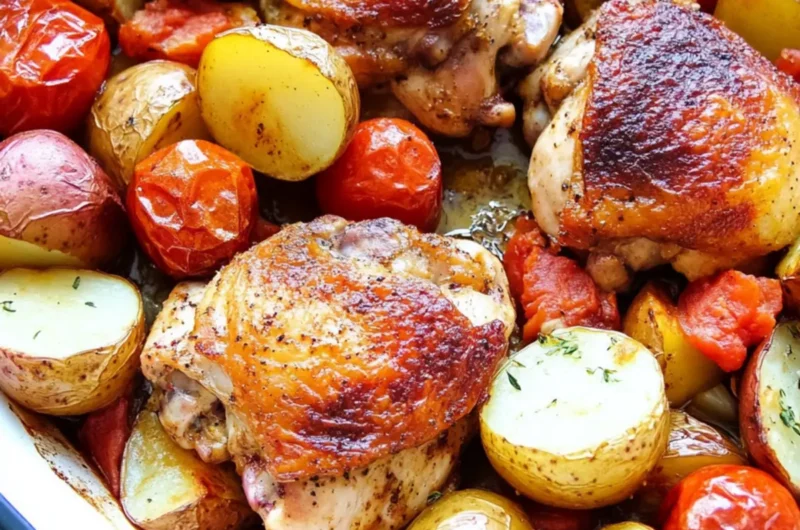 Healthy One Pan Baked Paprika Chicken Thighs with Potatoes and Tomatoes