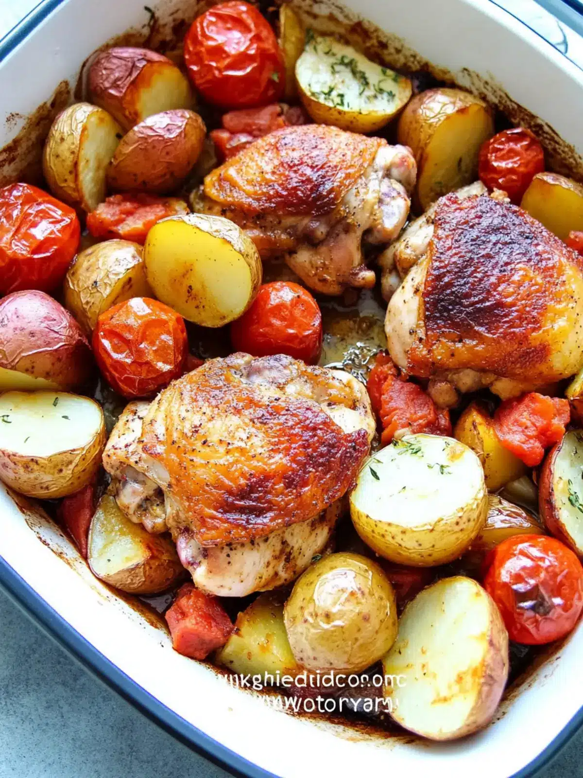 Healthy One Pan Baked Paprika Chicken Thighs with Potatoes and Tomatoes