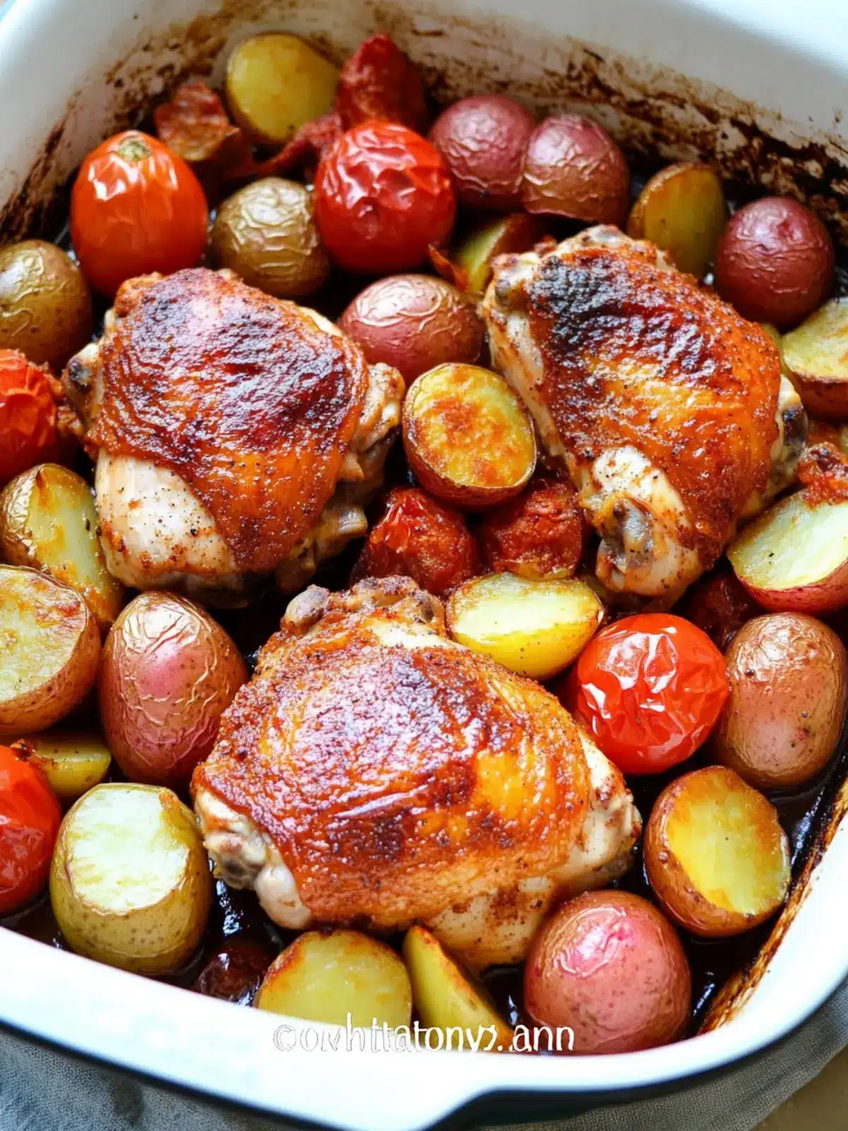 Healthy One Pan Baked Paprika Chicken Thighs with Potatoes and Tomatoes